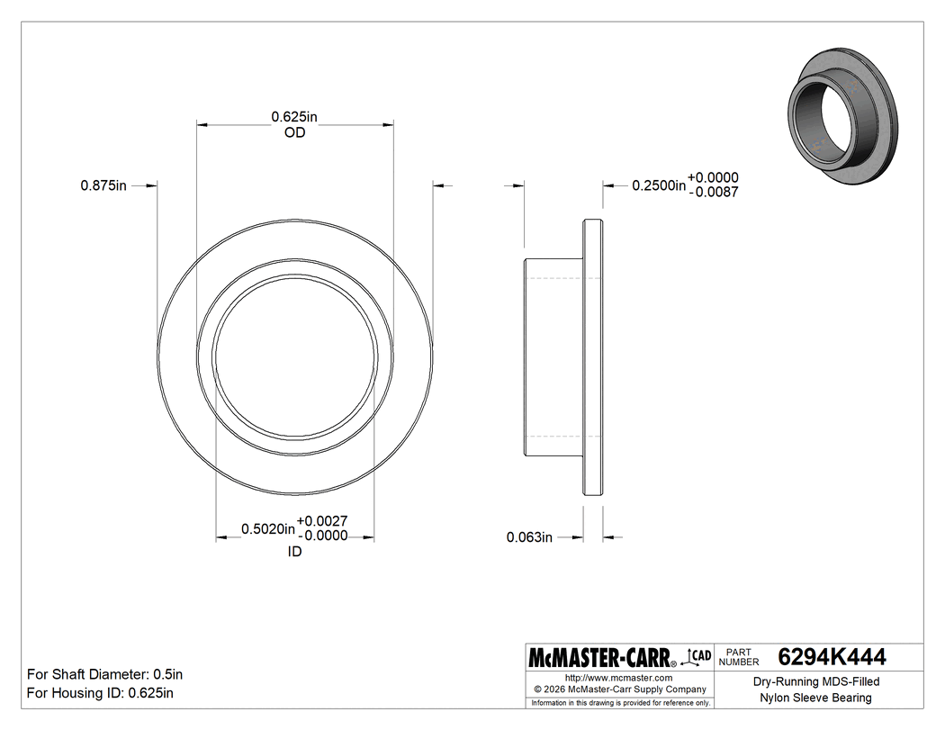 Technical Drawing of Dry-Running MDS-Filled Nylon Sleeve Bearing, for 1/2" Shaft and 5/8" Housing ID, 1/4" Long, 7/8" Flange OD.